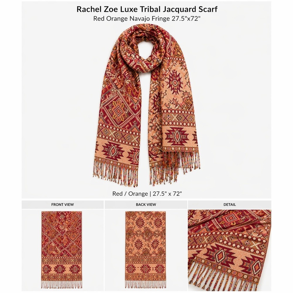 Rachel Zoe Luxe Tribal Jacquard Scarf Red Tan Orange Navajo Print 27.5x72 NWT‎